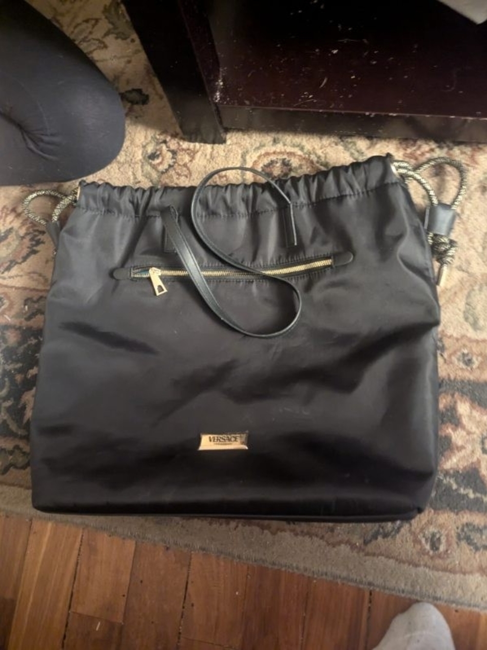 Versace Black Nylon Drawstring Tote with Gold Accents